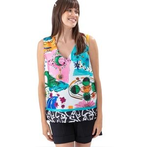 Indies Stellar Top with Astral Print Satin Fabric With V-Neckline Size 38 Medium